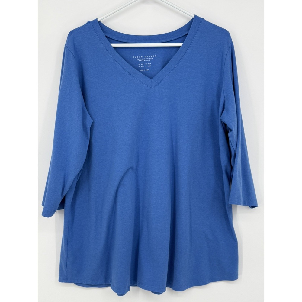Susan Graver Women's Blue 3/4 Sleeve Vneck Top 2XP